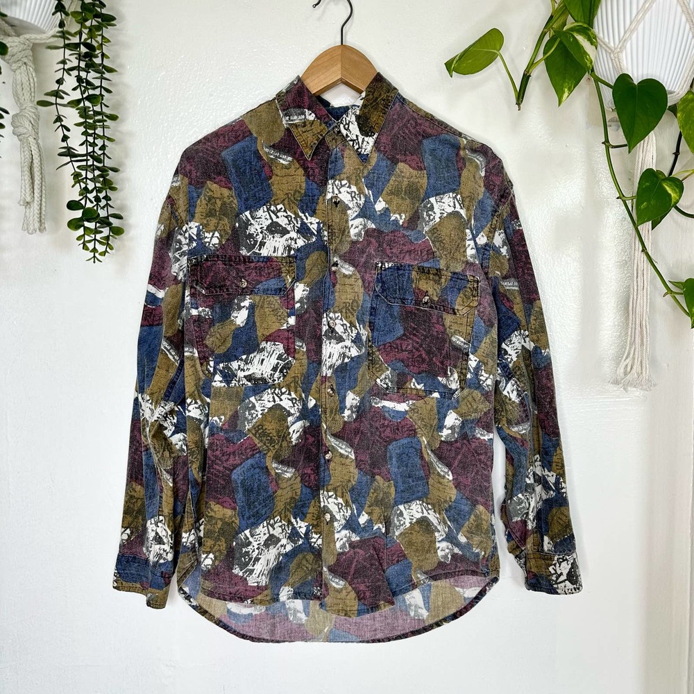VTG Abstract Western Cowboy Art to Wear Graffiti Long Sleeve Button Up Blouse S